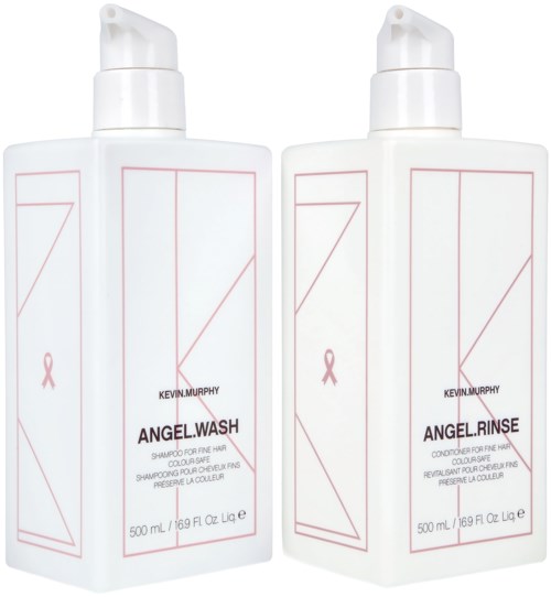 Zwei weiße Flaschen mit rosa Akzenten, beschriftet Angel Wash und Angel Rinse, enthalten Shampoo und Conditioner für feines Haar.
