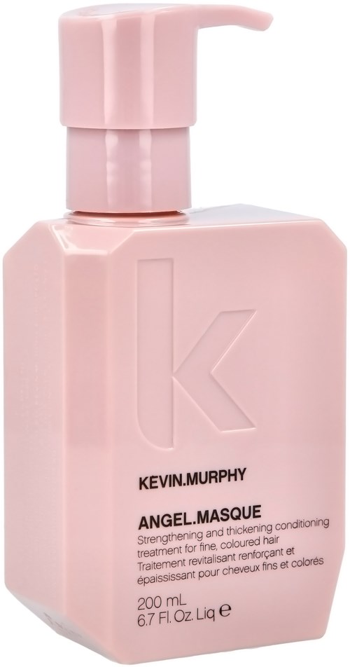 Eine rosa Flasche mit Pumpe, beschriftet Kevin Murphy Angel Masque zur Haarbehandlung.
