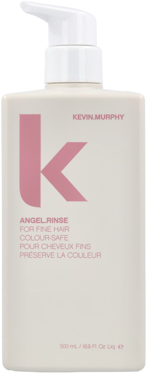En vit flaska med pump, märkt 'Kevin.Murphy Angel Rinse' för fint hår, innehåller 500 ml sköljmedel.