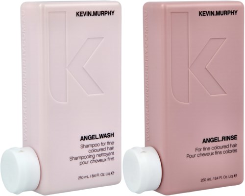 Two hair shampoo bottles, one white labeled 'Angel Wash' and one pink labeled 'Angel Rinse,' both by Kevin Murphy.