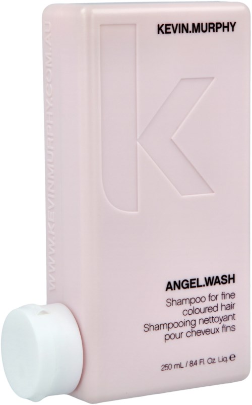 A pink shampoo bottle with a white cap, shows brand Kevin.Murphy and product Angel Wash for colored hair.