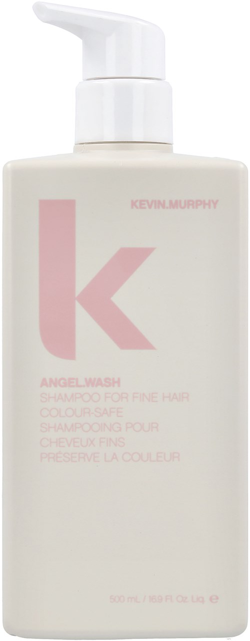 En vit flaska med pump, märkt Kevin Murphy Angel Wash, lämplig för fint, färgat hår.