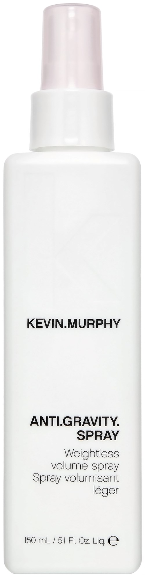 Eine weiße Sprühflasche mit der Aufschrift "Kevin.Murphy Anti.Gravity Spray" und einem rosa Deckel.