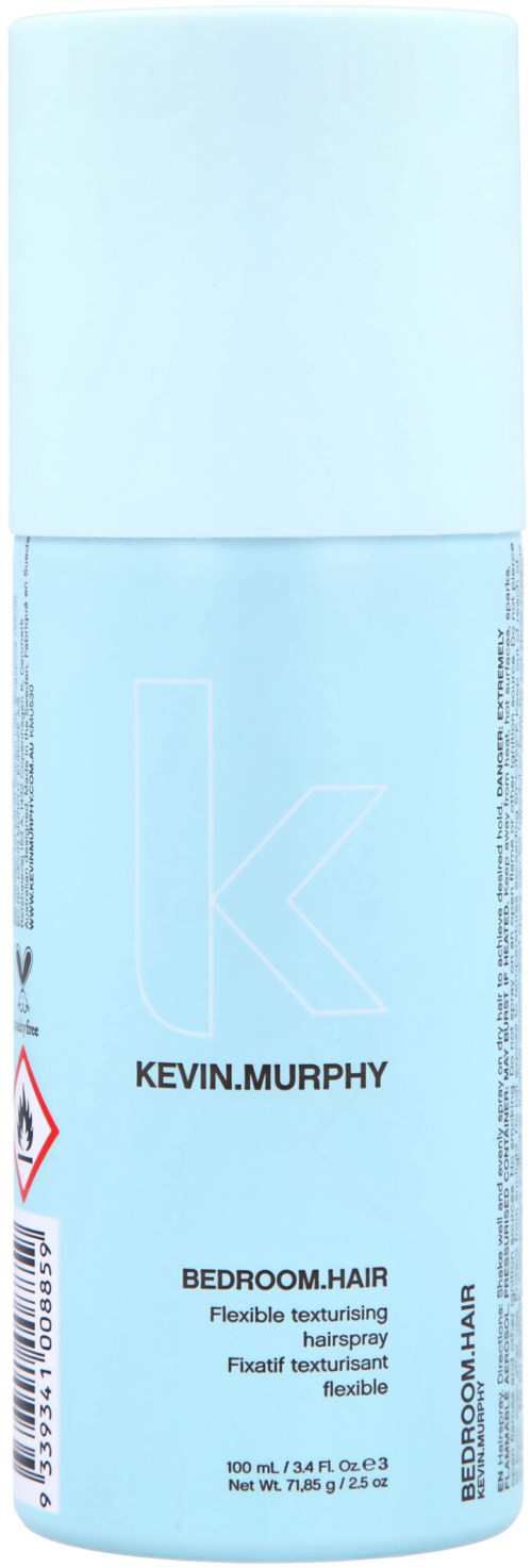 Hellblaue Sprühflasche mit weißem Deckel, beschriftet Kevin Murphy Bedroom.Hair für Haarstyling und Fixierung.
