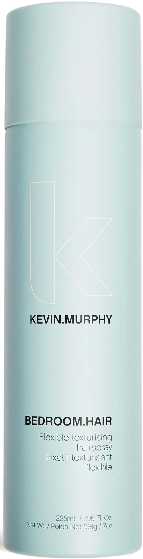 A tall, light blue aerosol can with black text, labeled Kevin Murphy Bedroom Hair, for hair styling.