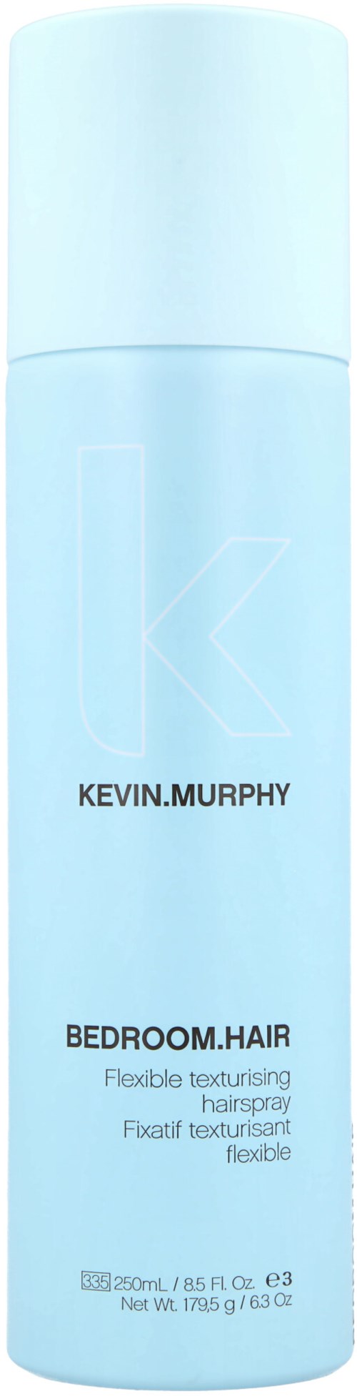 A light blue cylindrical bottle labeled Kevin Murphy Bedroom Hair, a flexible texturizing spray for hair.