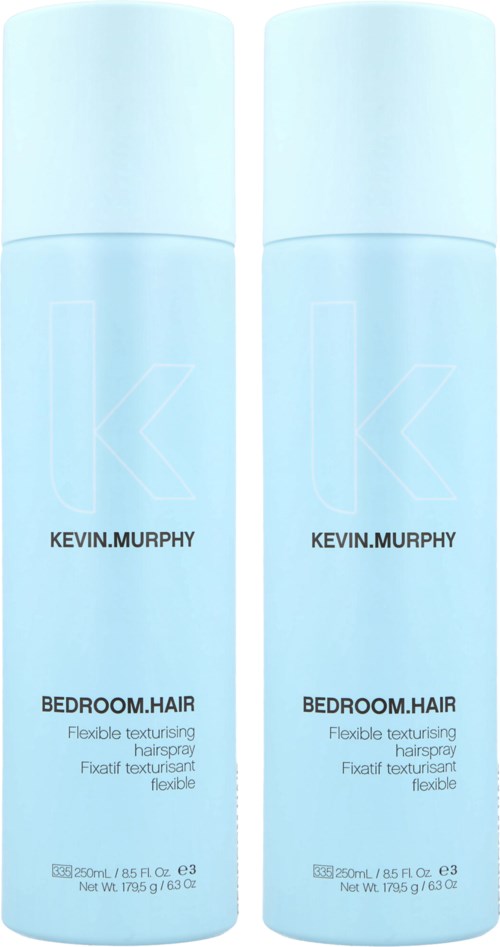 Two light blue bottles of Kevin Murphy Bedroom Hair spray with a simple design and label.