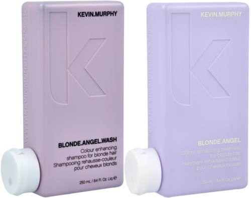Zwei Flaschen mit blondem Shampoo und Behandlung in lila Verpackung, mit Text und minimalem Design.