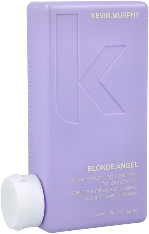 Lila Flasche mit weißem Verschluss, beschriftet "Kevin Murphy Blonde Angel," Haarpflege. Schlichtes Design, großes erhabenes "K".