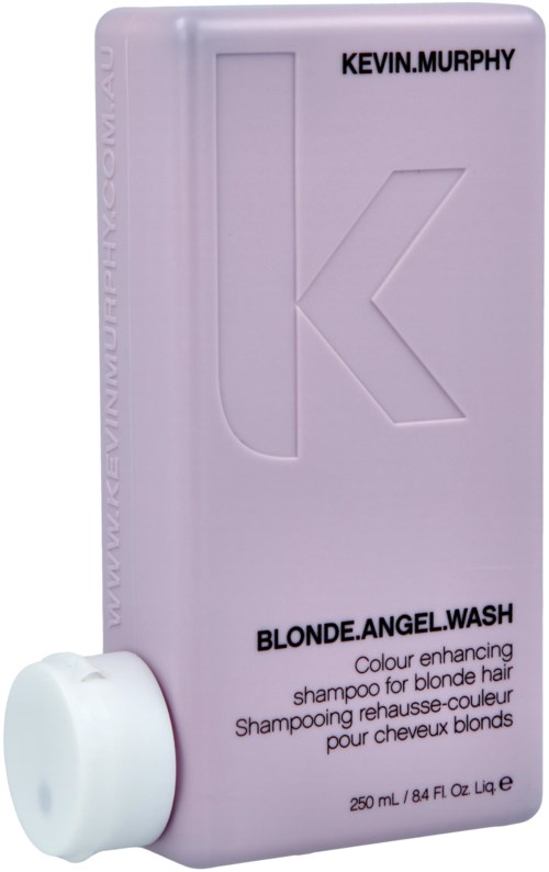 A lavender shampoo bottle with black text and a large letter 'K' embossed on the front.
