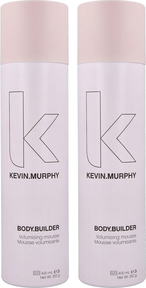 Kaksi valkoista pulloa vaaleanpunaisilla korkeilla, merkinnällä KEVIN.MURPHY ja BODY.BUILDER, tilavuusvaahto.