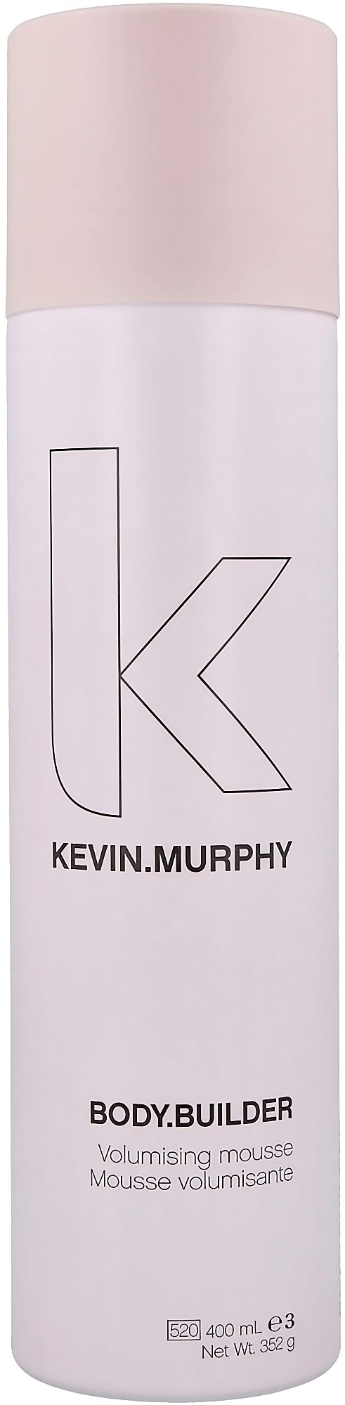 A white cylindrical can with a pink cap, labeled Kevin Murphy Body Builder volumising mousse.