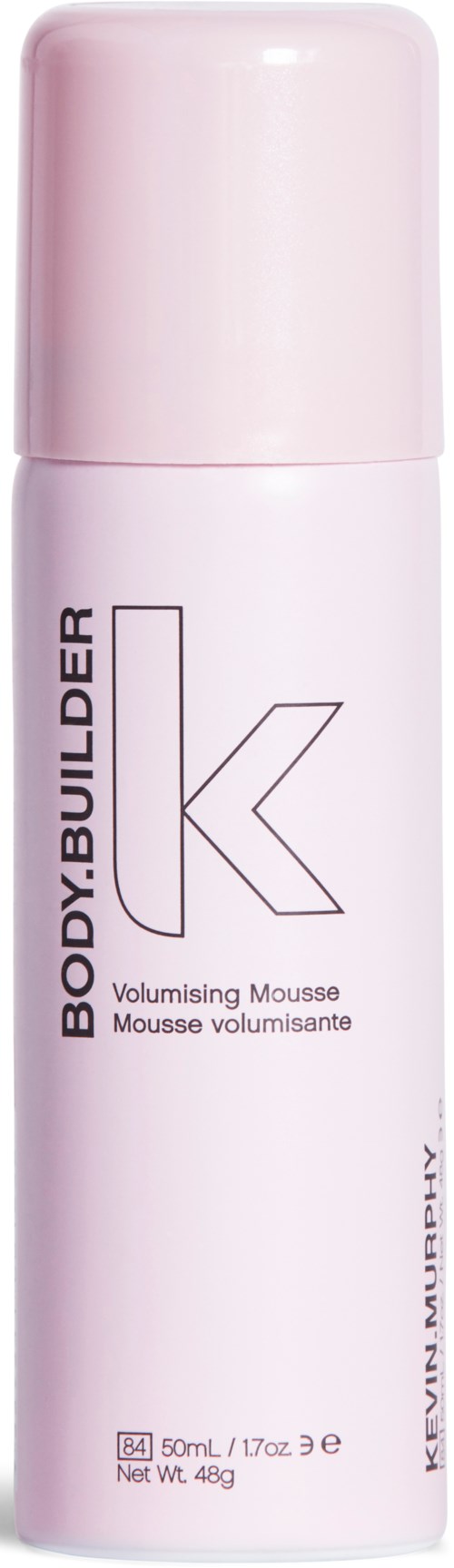 En rosa och vit burk med body-building volymgivande mousse med varumärke och produktinformation.