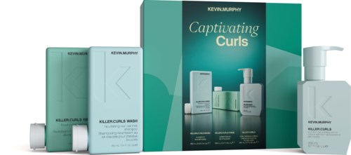 Kevin Murphy hair care products with a teal box and bottles, featuring text that says Captivating Curls.