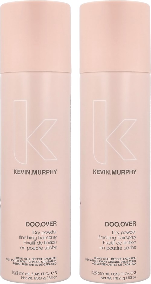 Two pink bottles labeled Kevin.Murphy doo. over dry powder, finishing hairspray. Simple design, minimal text.