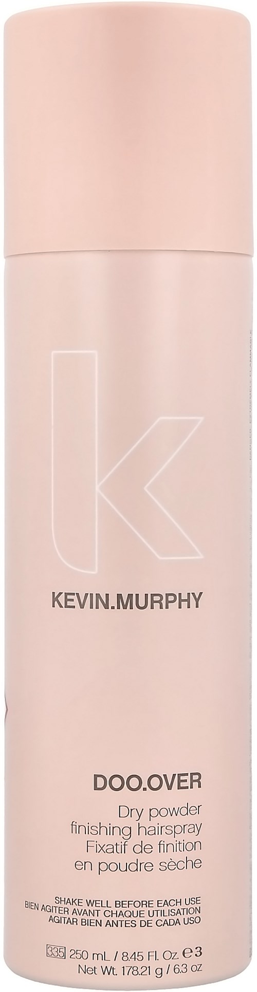Pink bottle labeled Kevin.Murphy DOO.OVER dry powder finishing hair spray.