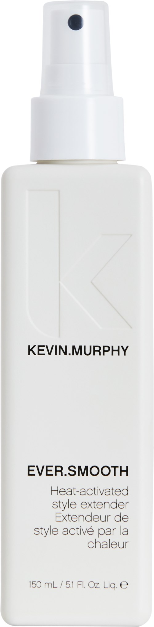 En vit sprayflaska med svart text, märkt Kevin Murphy, Ever.Smooth, och beskrivning av värmeaktiverad stylingförlängare.
