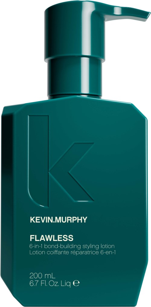 En turkosfärgad flaska med pump för Kevin Murphy Flawless 6-i-1 stylinglotion. Stor etikett med produktinformation.