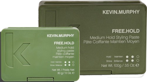 Two green boxes of Kevin.Murphy styling paste, one small and one large, with product details on the front.
