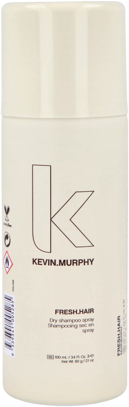 A white bottle with a large letter 'K' and text, indicating Kevin.Murphy Fresh Hair dry shampoo spray.