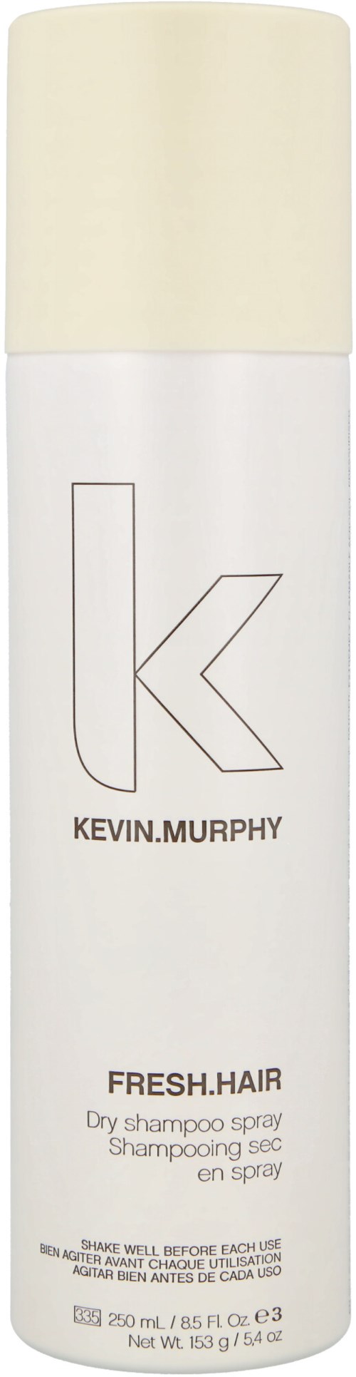 A white spray bottle labeled Kevin.Murphy Fresh Hair dry shampoo with a pale yellow cap.