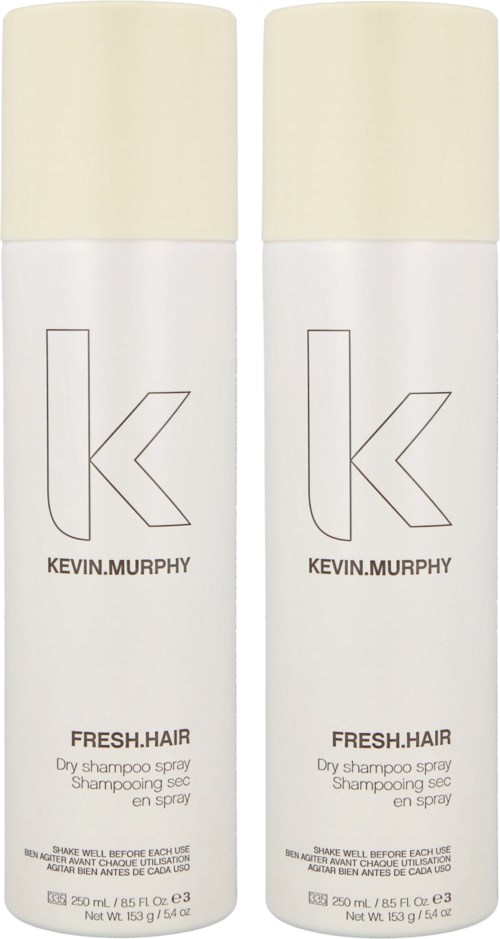 Two bottles of Kevin Murphy Fresh Hair dry shampoo spray in white and cream colors.