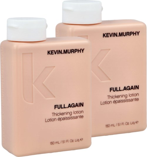 Kaksi pulloa Kevin.Murphy Full.Again paksuuntavaa voidetta, vaaleanpersikanvärisiä ja valkoisia korkkeja.