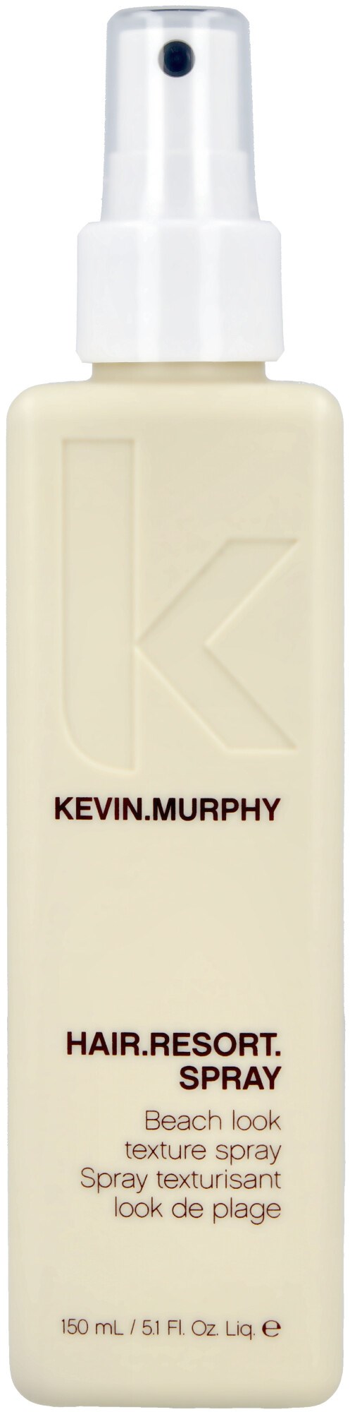 A spray bottle with white and brown text, labeled Kevin Murphy Hair Resort Spray for beach look texture.