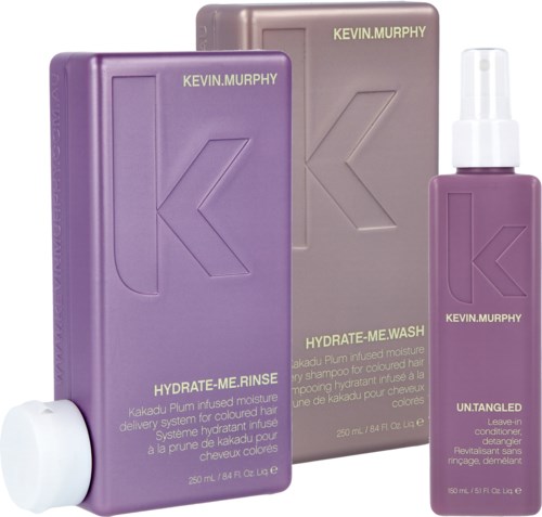 Kevin Murphy Haarpflegeflaschen und Verpackungen in Lila und Braun, gekennzeichnet für Hydratation und Entwirrung.