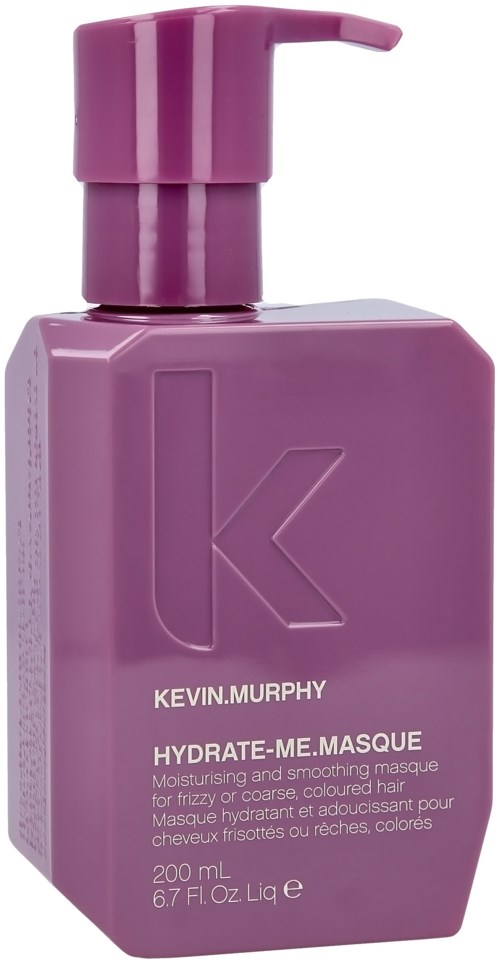 Een paarse fles met pomp met het label Kevin.Murphy Hydrate-Me Masque, een haarmasker voor hydratatie en gladmaking.