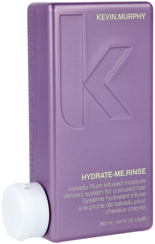 Eine lila Flasche mit weißem Deckel, Text über Haarpflegeprodukt Hydrate-Me.Rinse.