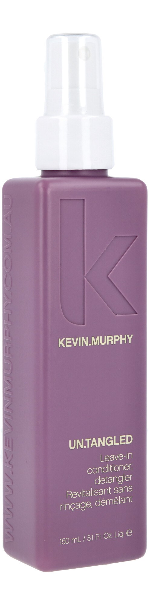 Eine lila Sprühflasche mit weißer Kappe, beschriftet mit "Kevin Murphy" und "Un.Tangled."