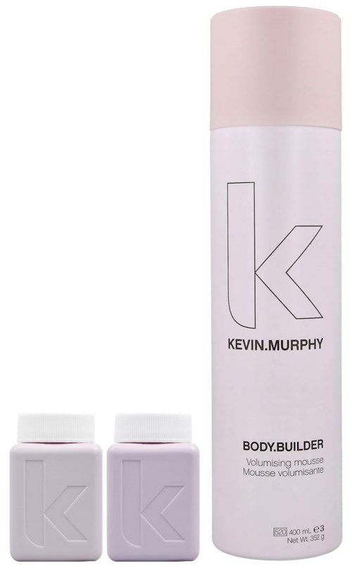 En hvit sprayflaske med rosa hette merket 'Kevin.Murphy Body.Builder' og to små krukker med innfelt 'K'-logoer.