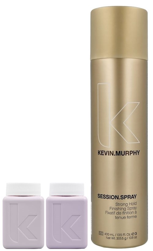 En gullfarget sprayflaske merket "KEVIN.MURPHY SESSION.SPRAY" med to rosa flasker ved siden av.