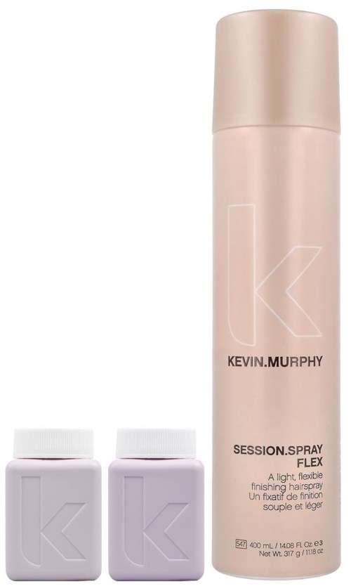 Rosa sprayflaske med Kevin Murphy-logo, to små hvite beholdere, og produktbeskrivelse for hårfinish.