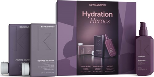 Box set of Kevin Murphy Hydration Heroes skincare with bottles and tubes in purple packaging.