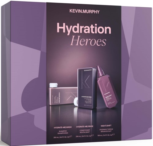 Hydration Heroes display of Kevin Murphy skincare products including shampoo, conditioner, and overnight serum on purple background.