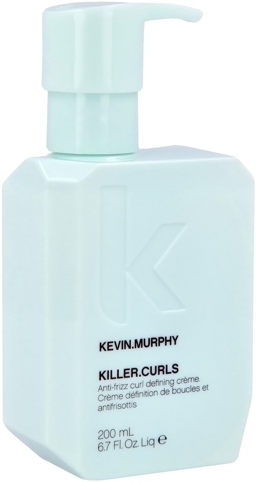 Eine weiße Kevin Murphy Produktflasche mit Pumpe, beschriftet 'Killer Curls', für anti-Frizz Locken.