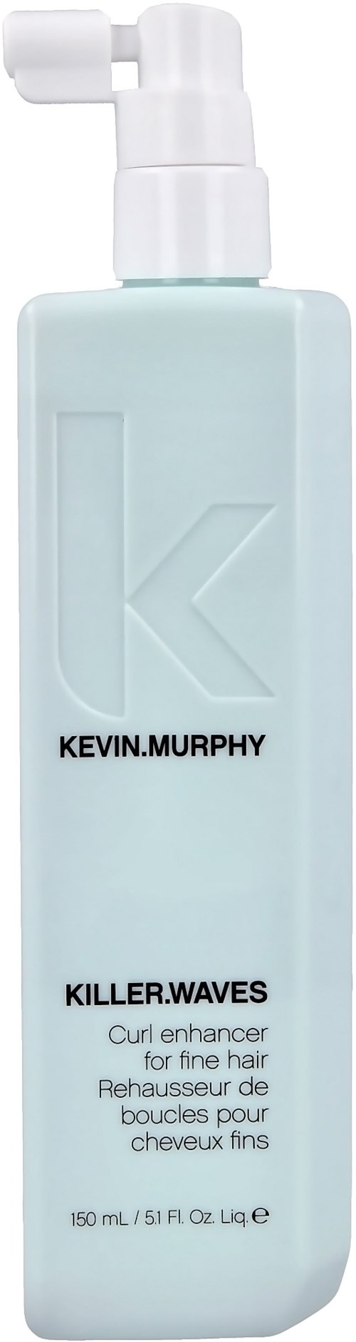 Eine weiße Flasche mit Sprühkopf, beschriftet "KEVIN.MURPHY KILLER.WAVES" für Lockenverstärkung.