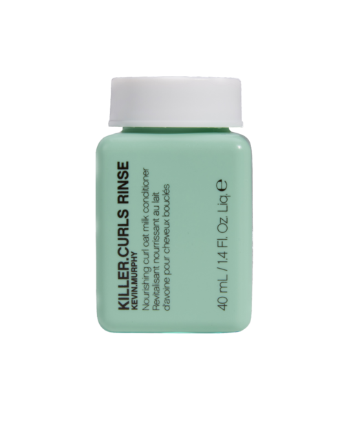 Kleine grüne Flasche mit weißem Deckel, beschriftet 'KILLER CURLS RINSE,' für Haarpflege.