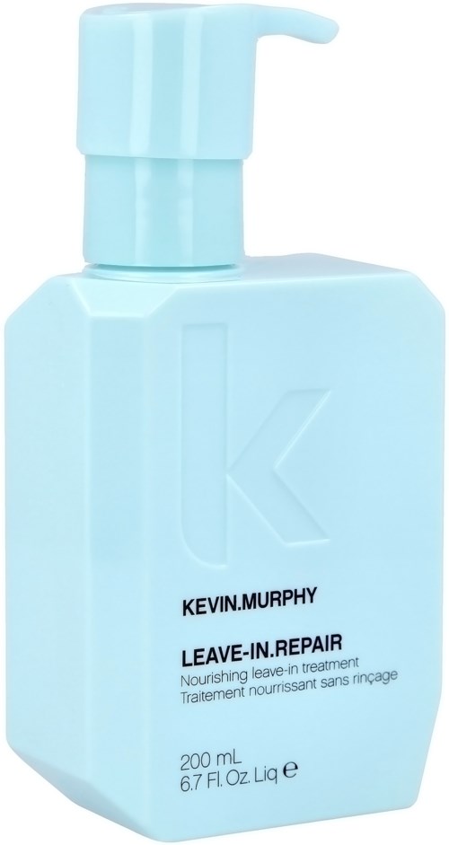 Eine blaue Flasche mit Pumpe, beschriftet 'Kevin Murphy Leave-In Repair' für Haarpflege.
