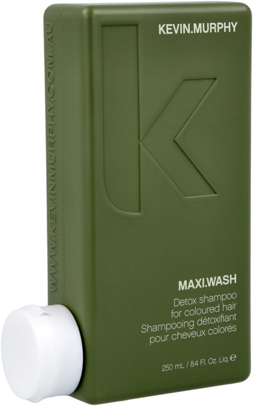 A green shampoo bottle with a large letter 'K' and the name Kevin Murphy on top. It says Maxi Wash for colored hair.