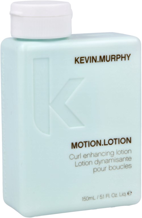 Eine hellblaue Lotion-Flasche mit weißem Deckel, beschriftet mit 'Kevin Murphy' und 'Motion Lotion' in schwarzem Text.