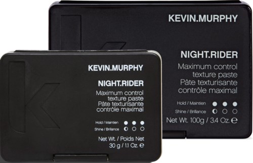 Two black tins labeled Kevin Murphy Night Rider, with white text, stacking on each other. They are hair styling products.
