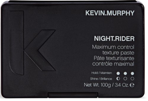 Black container with large 'K' and labels for Kevin Murphy Night.Rider, a texture paste product.