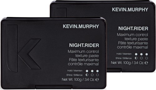 Two black containers labeled KEVIN.MURPHY NIGHT.RIDER with product details and logo.