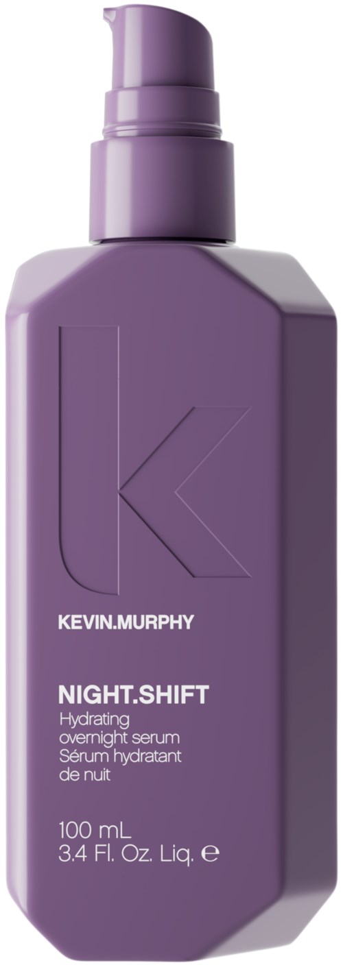 Een paarse fles met pomp, met label Kevin Murphy Night Shift hydraterende serum, 100 mL.