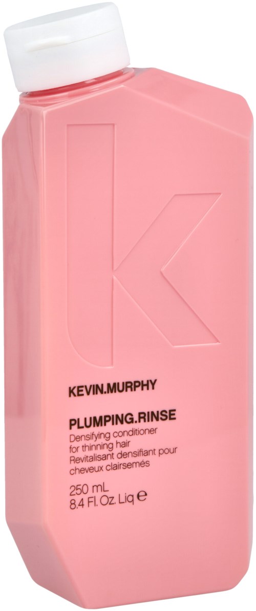 Hellrosa Flasche Kevin Murphy plumping rinse Haarspülung, 250 ml, mit großem 'K'-Logo und weißem Deckel.