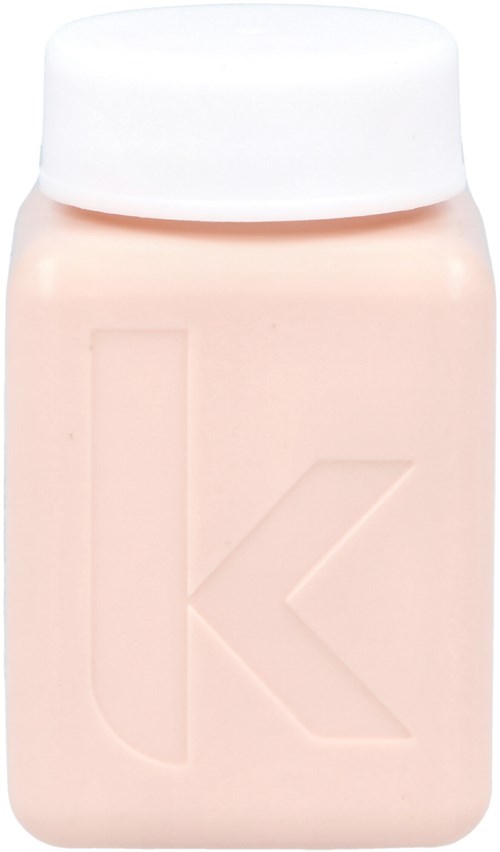 A bottle with a white cap and beige body, featuring a large embossed letter 'K' on the front.