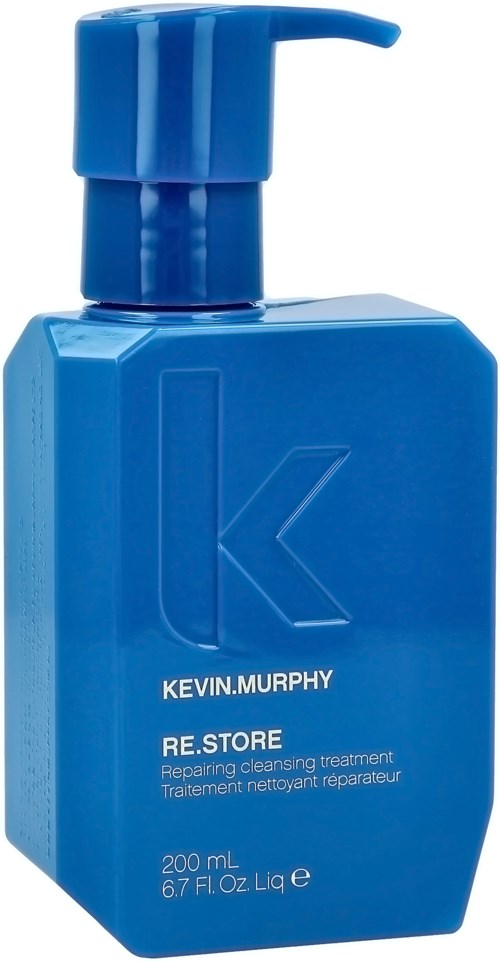 Blaue Flasche mit Pumpe, beschriftet KEVIN.MURPHY RE.STORE, für Reinigung, 200 ml.